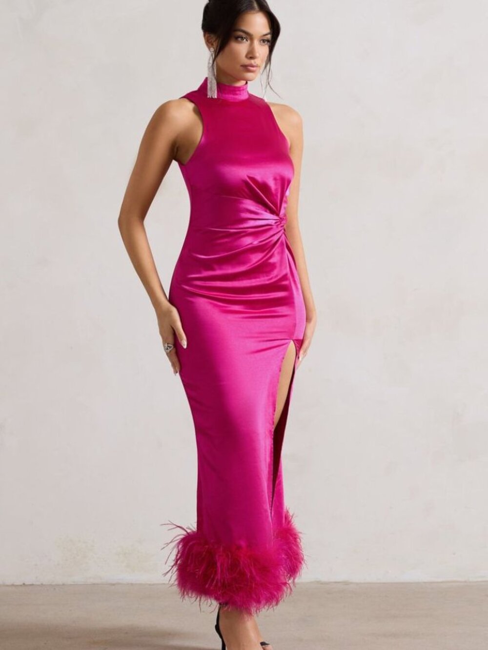 CLUB LONDON - ZOE MAGENTA SATIN TWIST SPLIT MAXI DRESS WITH FEATHER TRIM MEDIU